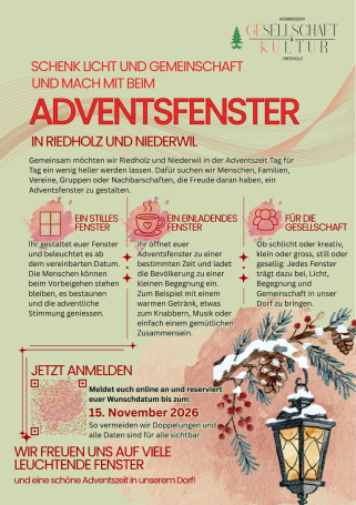 Flyer der Kommission Gesellschaft & Kultur Riedholz: Aufruf, beim Adventsfenster in Riedholz und Niederwil mitzumachen. Anmeldung online bis 15. November 2026.