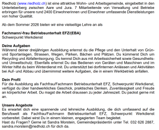 Inserat Lehrstelle Betriebsmitarbeiter