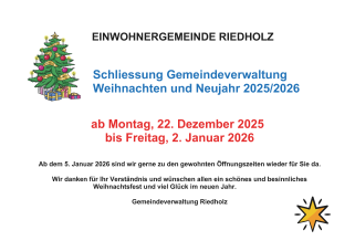 Bild: Gemeindeverwaltung geschlossen vom 22. Dezember bis 2. Januar. Ab 5. Januar wieder geöffnet. Schönes Weihnachtsfest